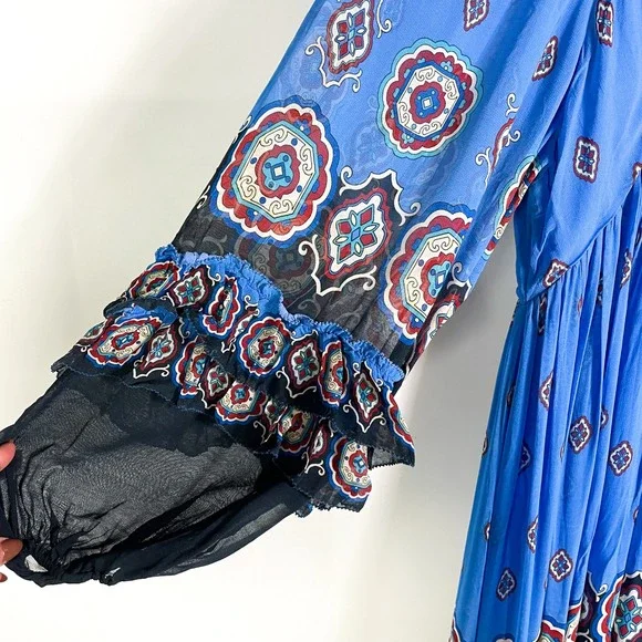FARM Rio Ainka Tiles Dress Blue Floral Maxi Long Sleeve V-Neck Boho Sz XS - Picture 5 of 10
